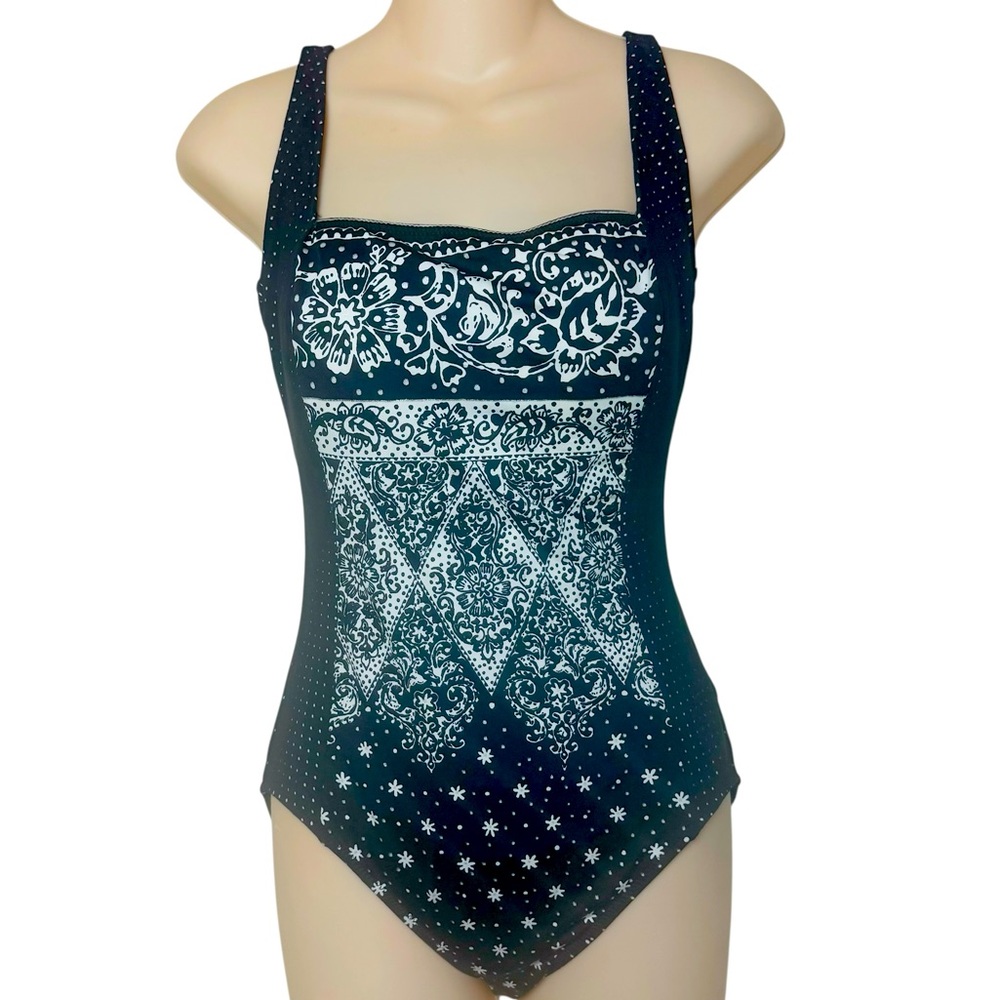 Vintage Gottex size 10 Black White One Piece Full Coverage Swimsuit